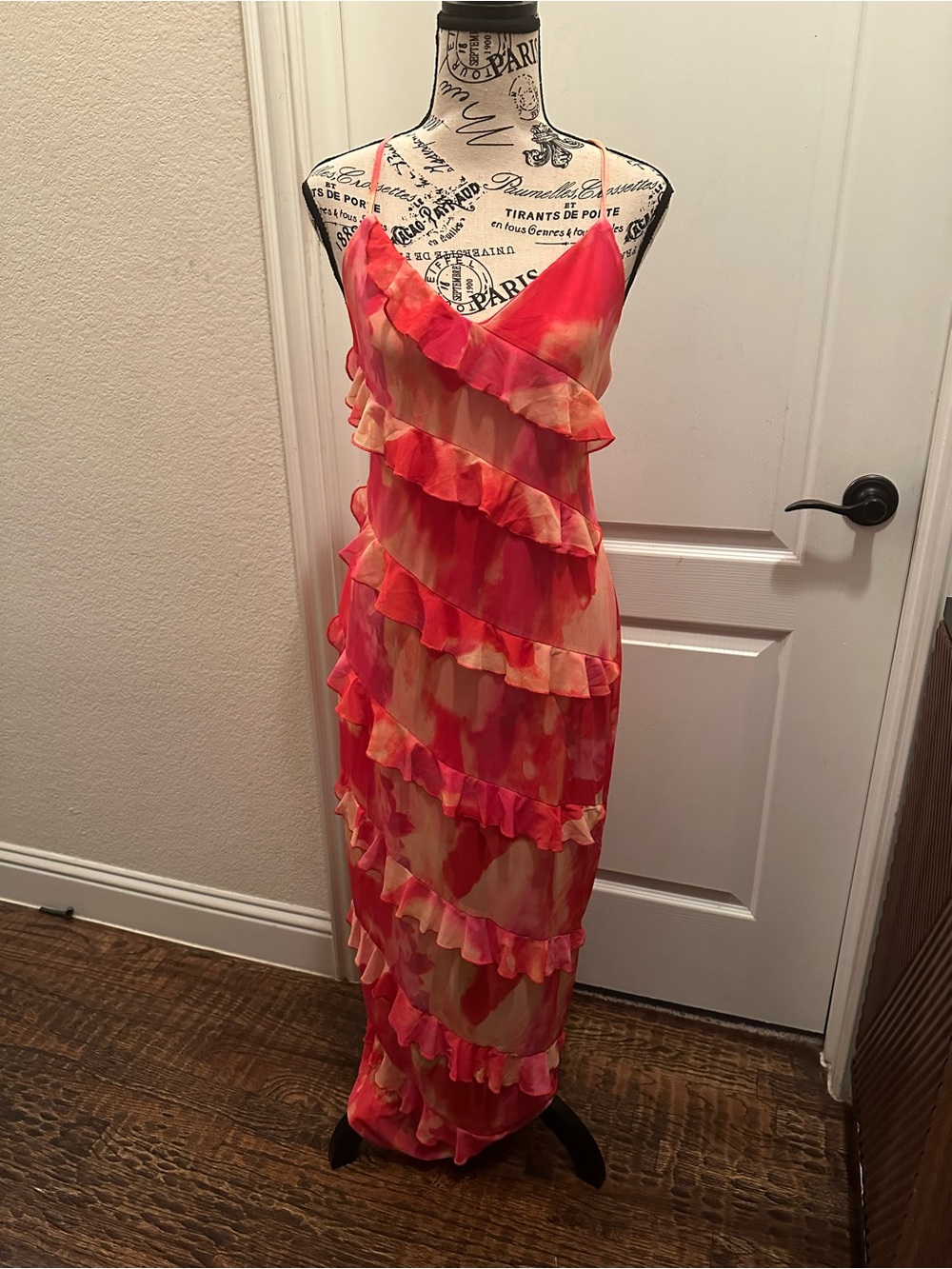 SHEIN Pink & Cream Ruffle Tiered Maxi Dress